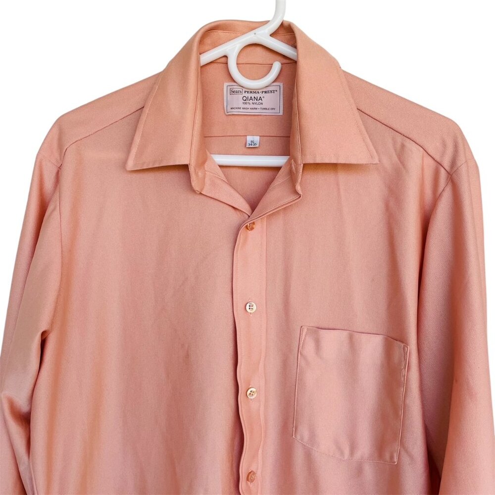 Vintage 70s Sears Qiana Nylon Shirt Mens Large 16 Salmon Disco Shiny
